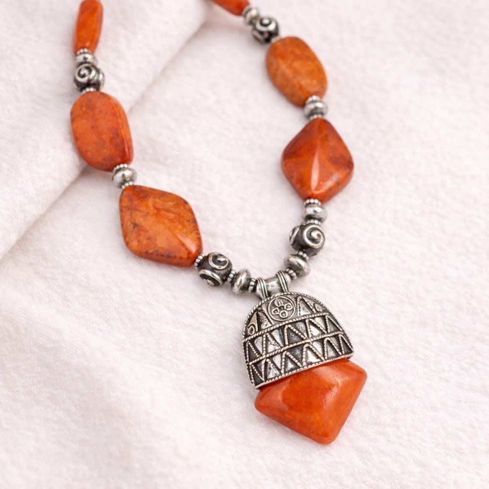 Orange and Silver Beaded Necklace